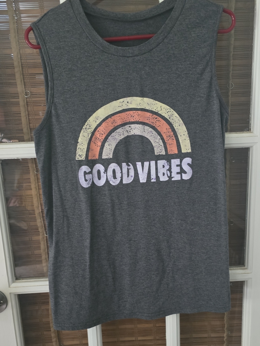 Good Vibes Gray Sleeveless Tee with Pastel Rainbow